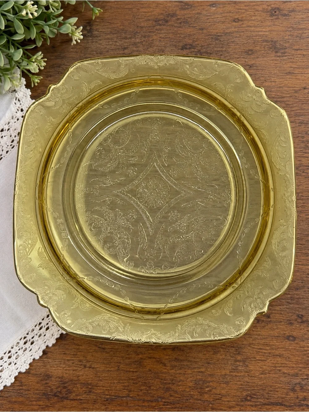 Vintage Amber Depression Glass Plates Set of 4 – Square Ornate Floral Scroll 8.5